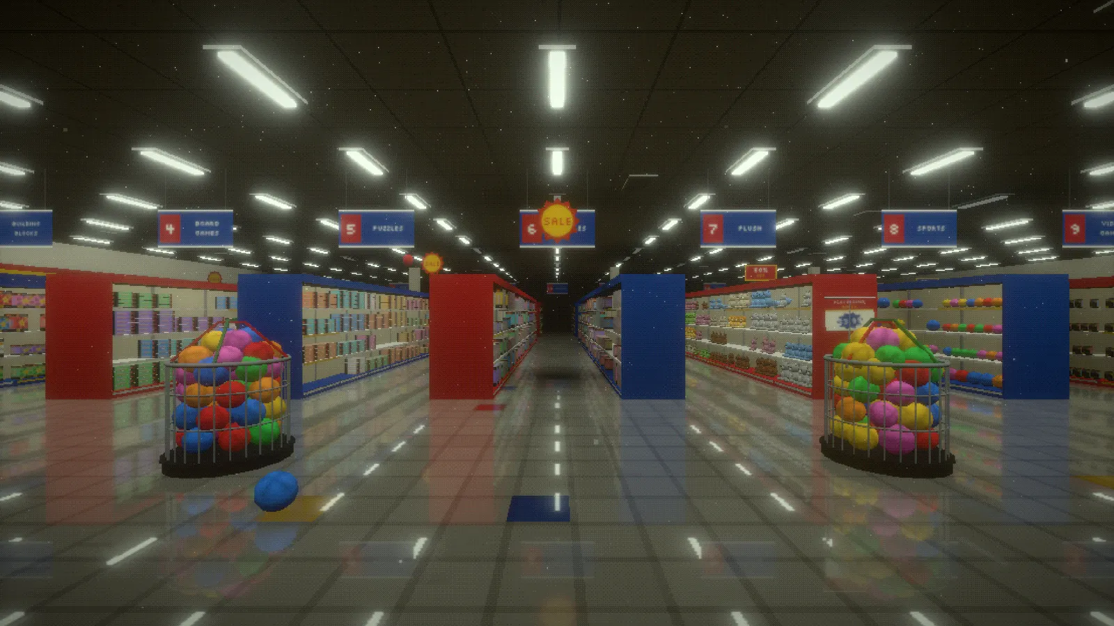 Toy aisles with cages full of playground balls