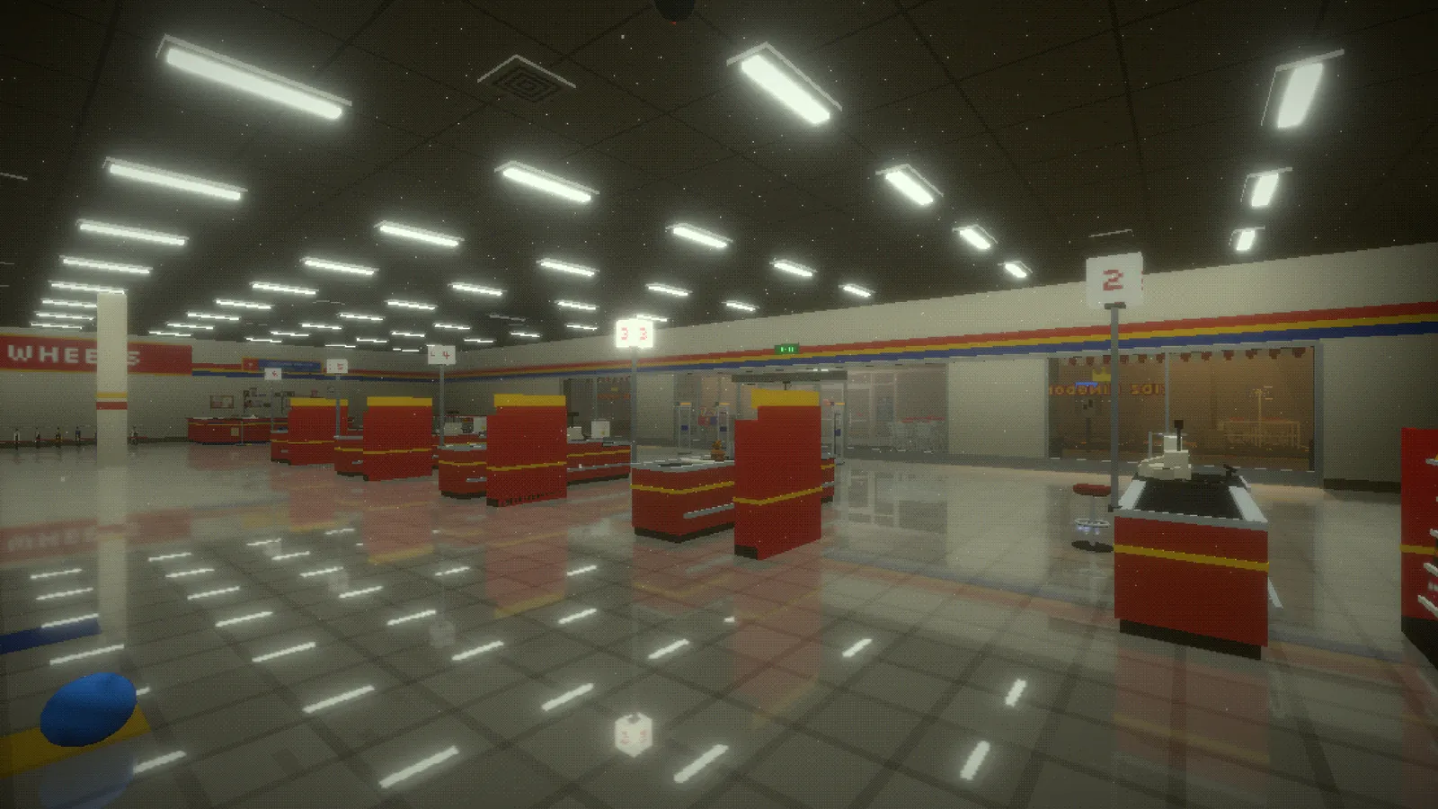 Empty checkout lanes under fluorescent lights