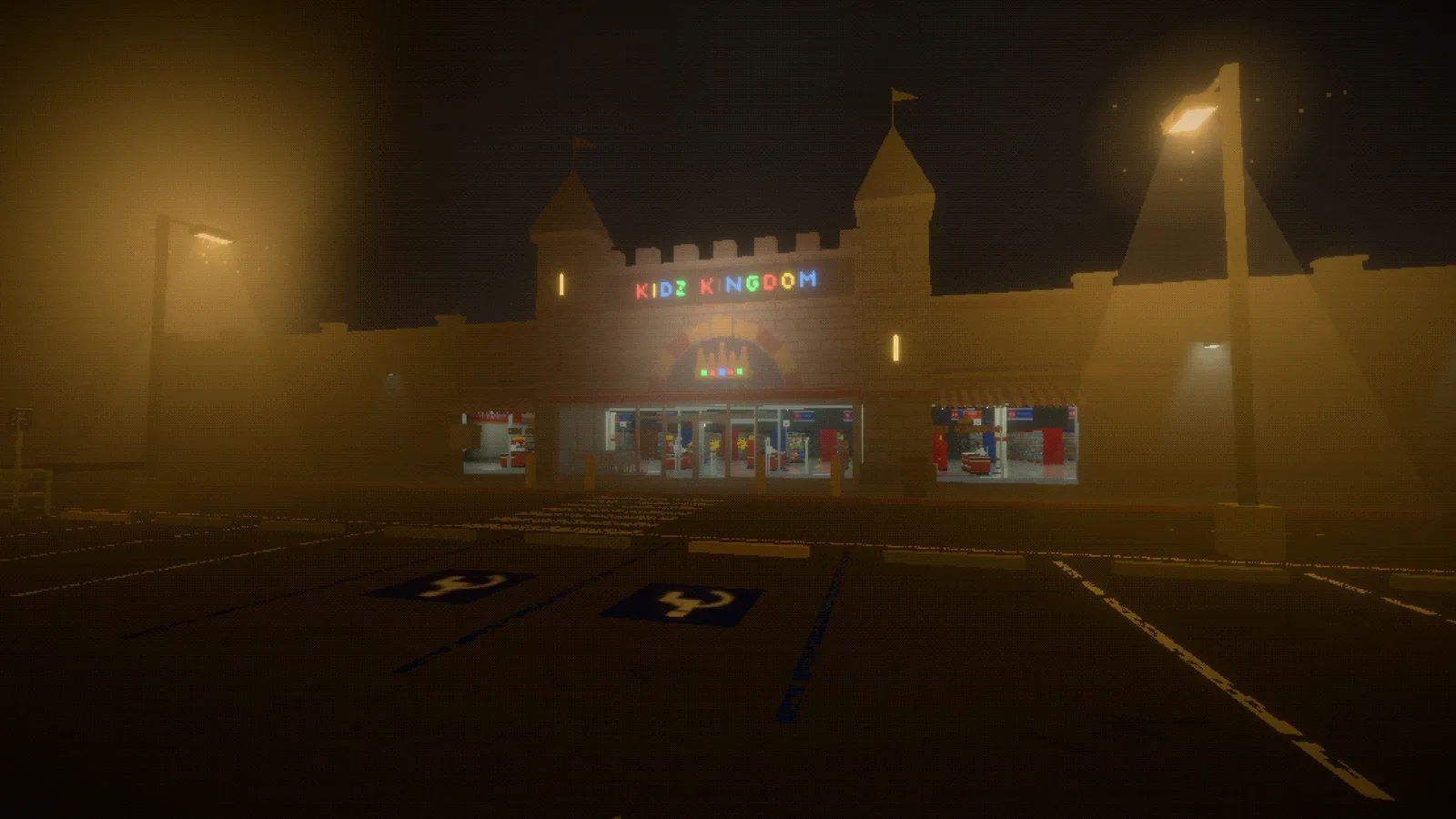 The Kidz Kingdom storefront in the foggy parking lot