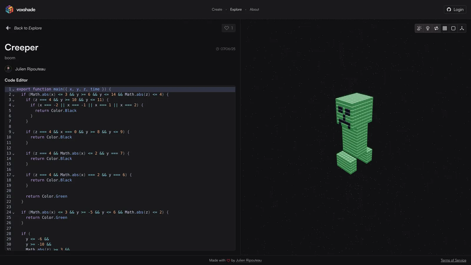 A voxel Creeper next to the code that draws it