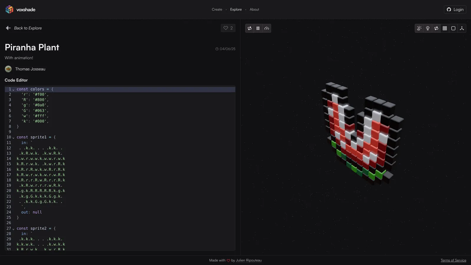 An animated voxel Piranha Plant next to its code