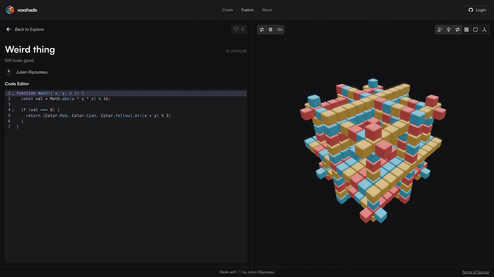 A colorful voxel pattern drawn with a few lines of code